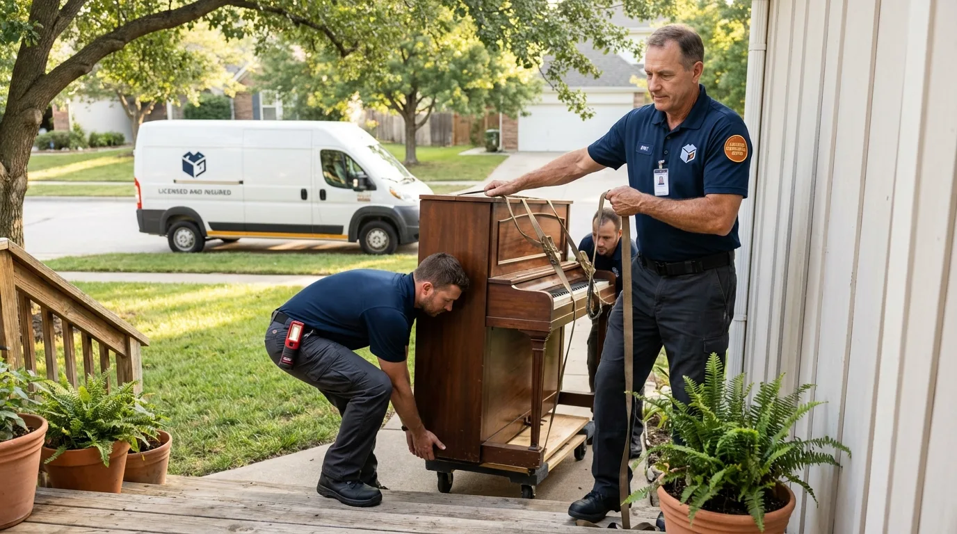 Licensed piano movers securing grand piano in Marvell, AR
