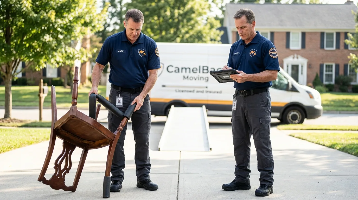 Movers inspecting furniture for damage prevention before loading in Marvell, AR