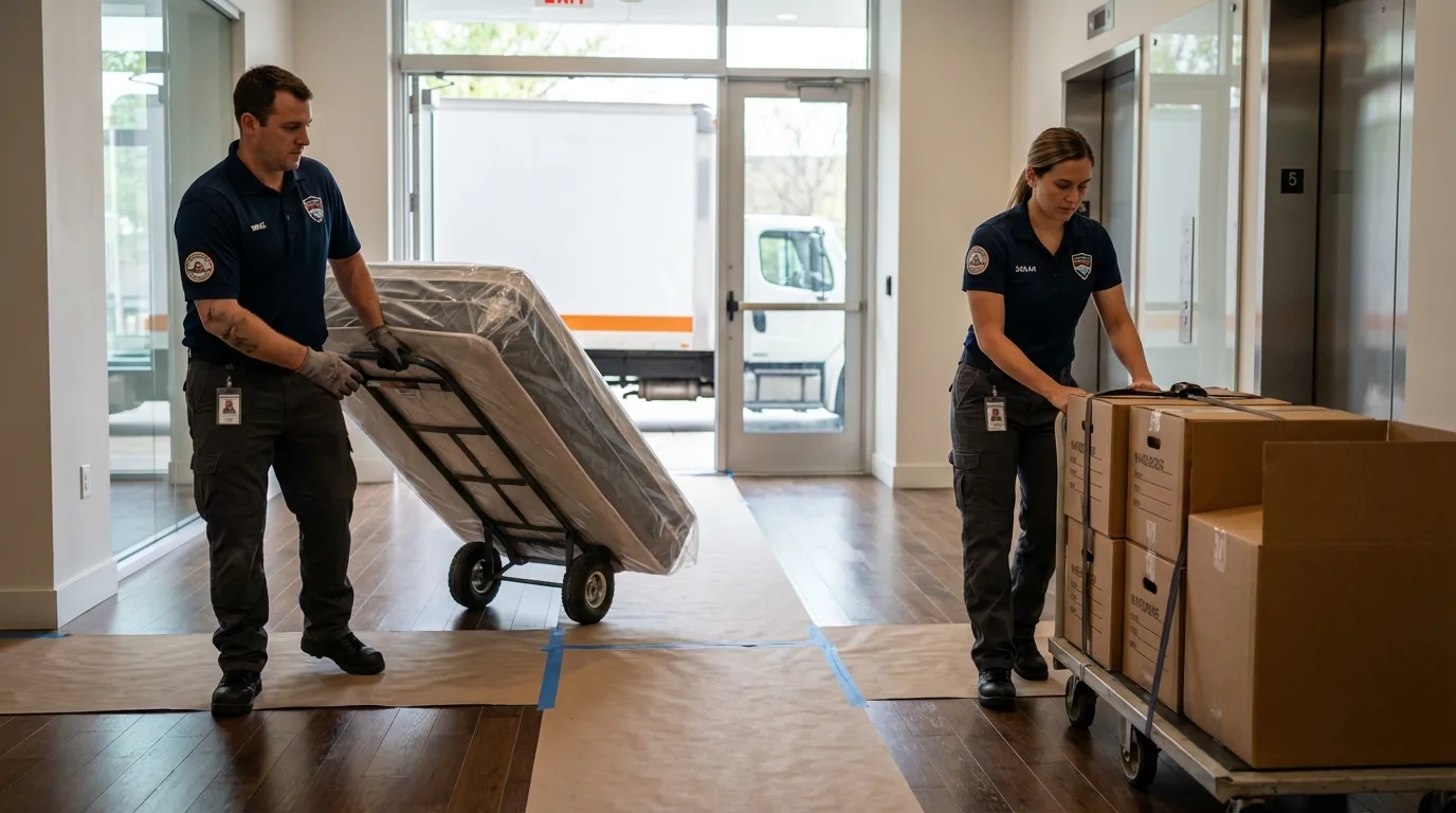 Professional apartment movers loading elevator in Marvell, AR